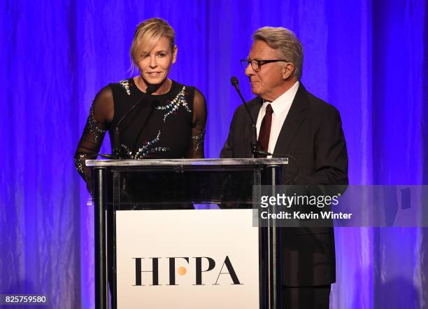Host Chelsea Handler speaks onstage at the Hollywood Foreign Press Association's Grants Banquet at the Beverly Wilshire Four Seasons Hotel on August...