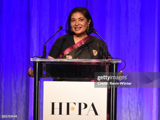 President Meher Tatna speaks onstage at the Hollywood Foreign Press Association's Grants Banquet at the Beverly Wilshire Four Seasons Hotel on August...