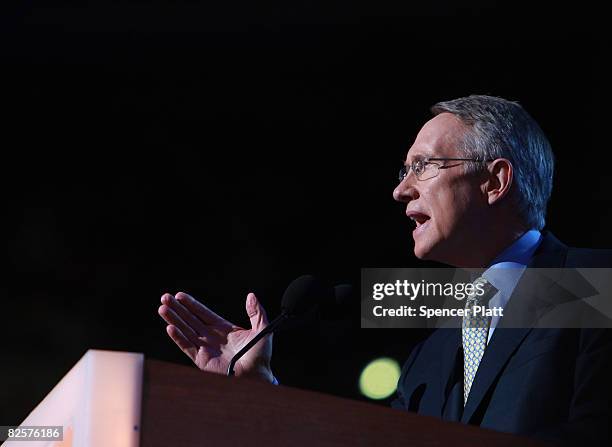 Senate Majority Leader Harry Reid speaks on day three of the Democratic National Convention at the Pepsi Center August 27, 2008 in Denver, Colorado....