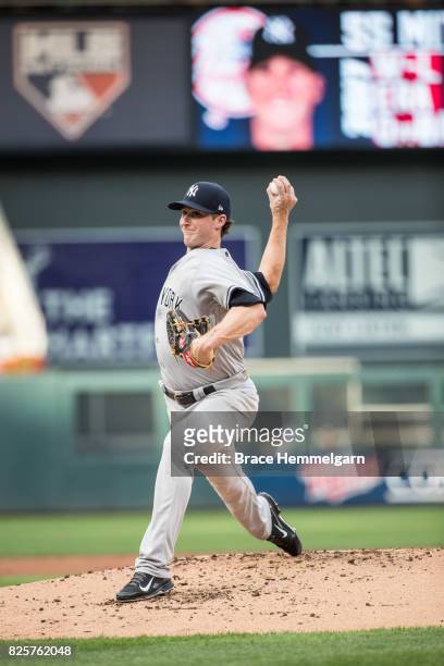 Bryan Mitchell of the New York Yankees pitches against the Minnesota Twins on July 17, 2017 at Target Field in Minneapolis, Minnesota. The Twins...