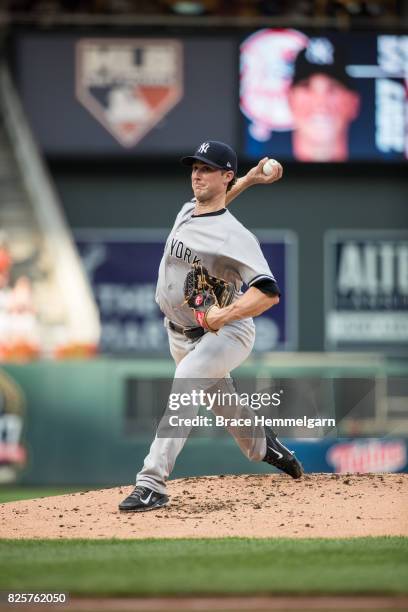 Bryan Mitchell of the New York Yankees pitches against the Minnesota Twins on July 17, 2017 at Target Field in Minneapolis, Minnesota. The Twins...