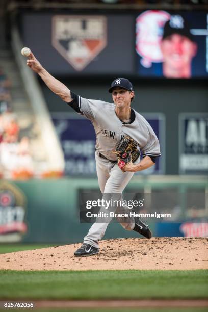 Bryan Mitchell of the New York Yankees pitches against the Minnesota Twins on July 17, 2017 at Target Field in Minneapolis, Minnesota. The Twins...