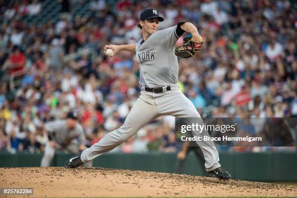 Bryan Mitchell of the New York Yankees pitches against the Minnesota Twins on July 17, 2017 at Target Field in Minneapolis, Minnesota. The Twins...