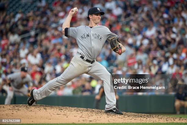 Bryan Mitchell of the New York Yankees pitches against the Minnesota Twins on July 17, 2017 at Target Field in Minneapolis, Minnesota. The Twins...