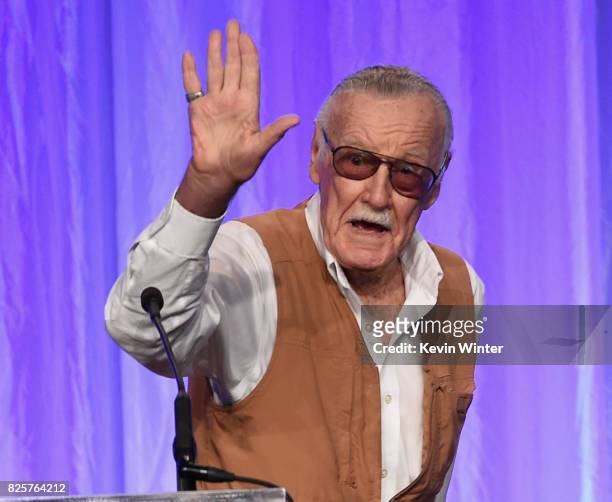 Stan Lee speaks onstage at the Hollywood Foreign Press Association's Grants Banquet at the Beverly Wilshire Four Seasons Hotel on August 2, 2017 in...