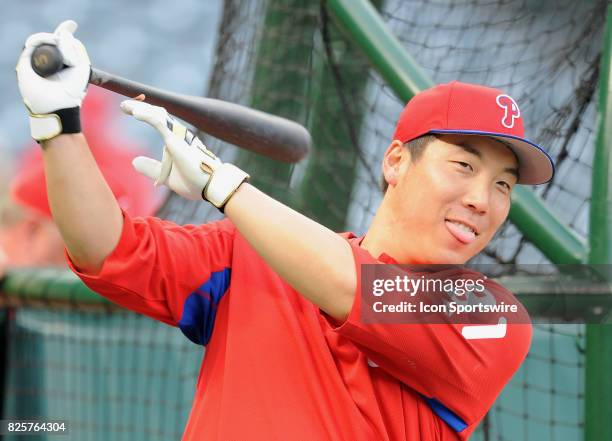 Philadelphia Phillies left fielder Hyun Soo Kim on the field during batting practice before a game against the Los Angeles Angels of Anaheim, on...