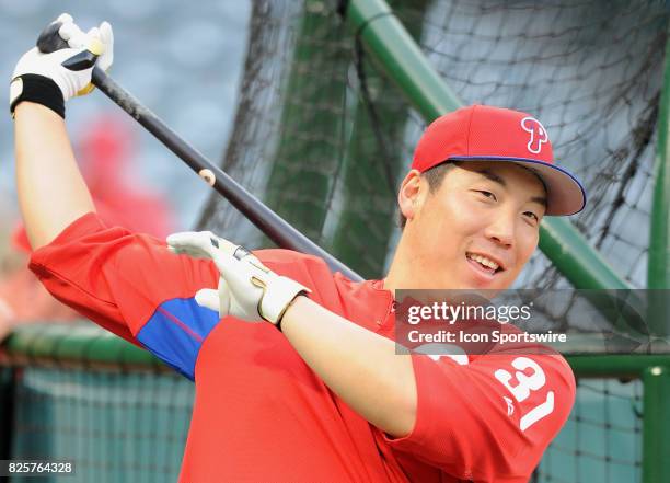 Philadelphia Phillies left fielder Hyun Soo Kim on the field during batting practice before a game against the Los Angeles Angels of Anaheim, on...