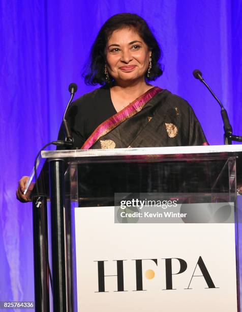 President Meher Tatna speaks onstage at the Hollywood Foreign Press Association's Grants Banquet at the Beverly Wilshire Four Seasons Hotel on August...