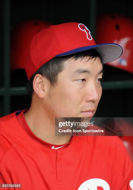 Philadelphia Phillies left fielder Hyun Soo Kim in the dugout during batting practice before a game against the Los Angeles Angels of Anaheim, on...