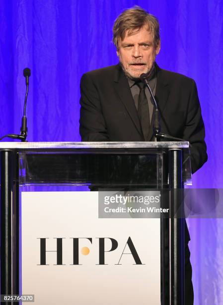 Mark Hamill speaks onstage at the Hollywood Foreign Press Association's Grants Banquet at the Beverly Wilshire Four Seasons Hotel on August 2, 2017...