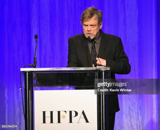 Mark Hamill speaks onstage at the Hollywood Foreign Press Association's Grants Banquet at the Beverly Wilshire Four Seasons Hotel on August 2, 2017...