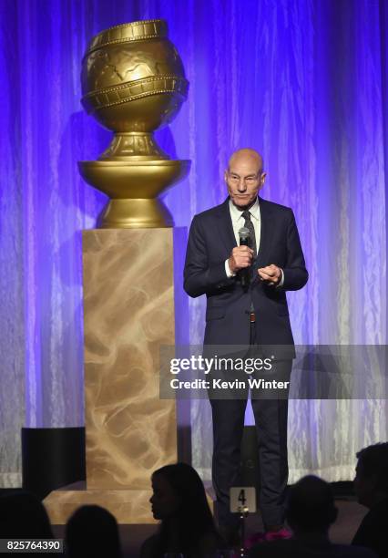 Patrick Stewart speaks onstage at the Hollywood Foreign Press Association's Grants Banquet at the Beverly Wilshire Four Seasons Hotel on August 2,...
