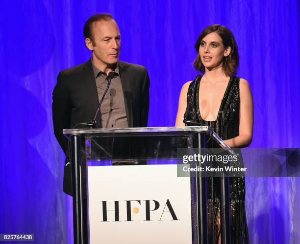 Bob Odenkirk and Alison Brie speak onstage at the Hollywood Foreign Press Association's Grants Banquet at the Beverly Wilshire Four Seasons Hotel on...