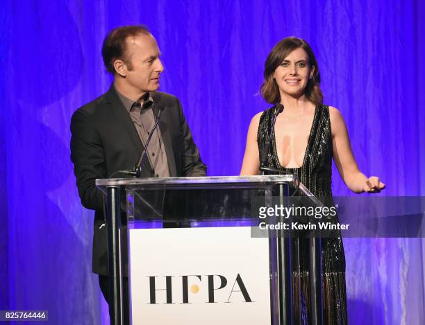 Bob Odenkirk and Alison Brie speak onstage at the Hollywood Foreign Press Association's Grants Banquet at the Beverly Wilshire Four Seasons Hotel on...