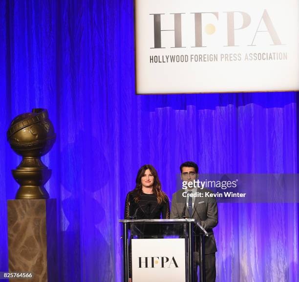 Kathryn Hahn and Kumail Nanjiani speak onstage at the Hollywood Foreign Press Association's Grants Banquet at the Beverly Wilshire Four Seasons Hotel...
