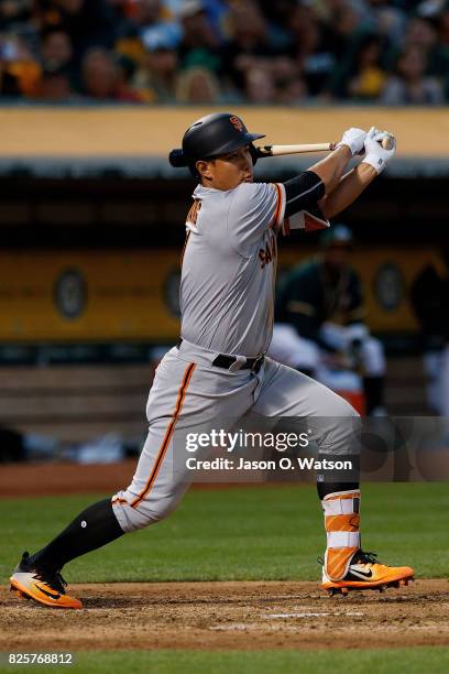 Jae-Gyun Hwang of the San Francisco Giants at bat against the Oakland Athletics during the fourth inning at the Oakland Coliseum on July 31, 2017 in...