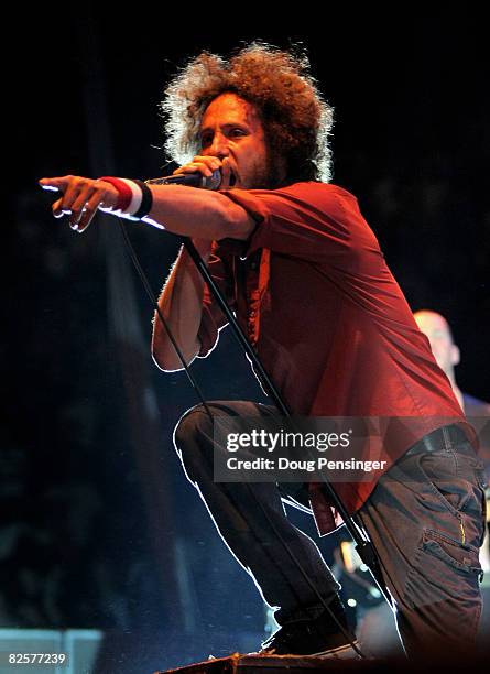 Zach de la Roche fronts Rage Against The Machine as they perform at the Tent State Music Festival to End The War Concert at the Denver Coliseum on...