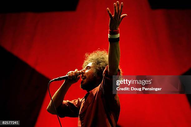 Zach de la Roche fronts Rage Against The Machine as they perform at the Tent State Music Festival to End The War Concert at the Denver Coliseum on...