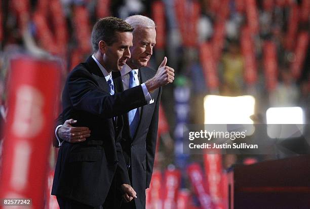 Delaware Attorney General Beau Biden , stands with his father U.S. Democratic Vice-Presidential nominee Sen. Joe Biden during day three of the...