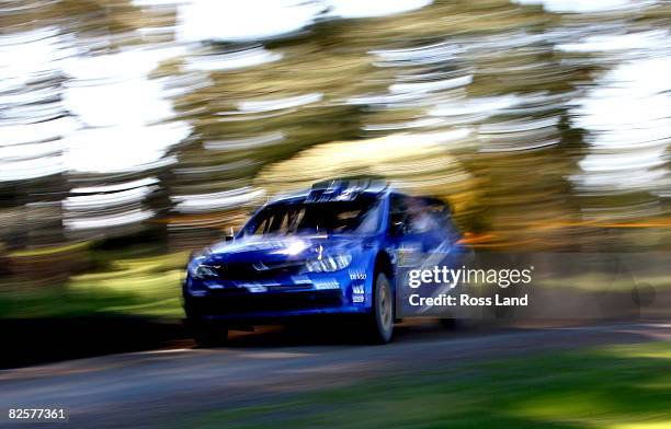 Petter Solberg of Norway and co-driver Phillip Mills of Great Britain in action in their Subaru Impreza WRC 2008 during the shakedown stage of the...