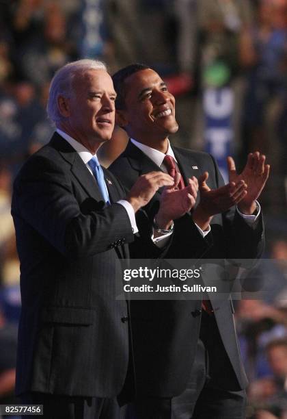 Democratic Presidential nominee Sen. Barack Obama and U.S. Democratic Vice-Presidential nominee Sen. Joe Biden stand together on day three of the...