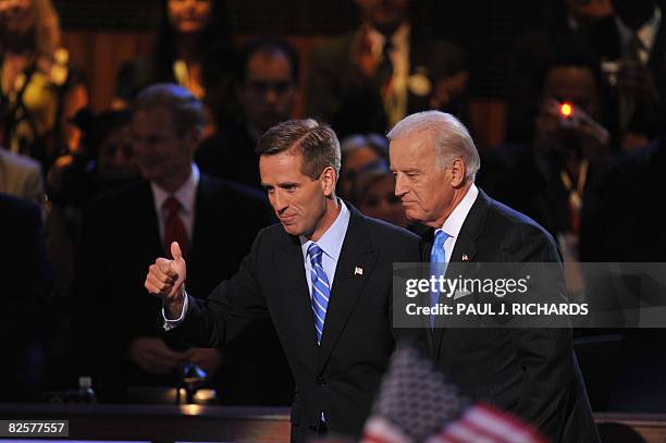 Democratic vice presidential nominee Joe Biden and his son Beau acknowledge the crowd during the Democratic National Convention August 27, 2008 at...