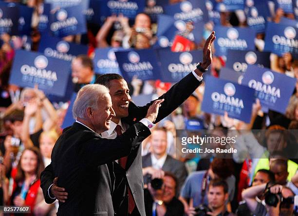 Democratic presidential nominee Sen. Barack Obama and U.S. Democratic vice presidential nominee Sen. Joe Biden stand together on day three of the...