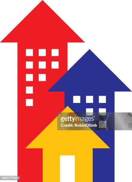 house and building arrows icon - blue house red door stock illustrations