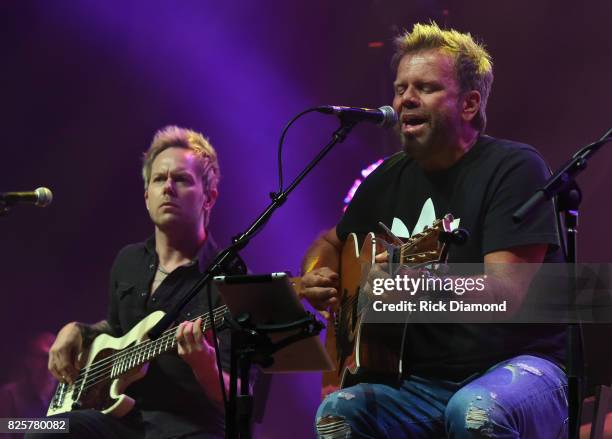 Guitarist Tully Kennedy, Singer/Songwriter Wendell Mobley perform during Jason Aldean's Triple Party at Wildhorse Saloon on August 2, 2017 in...