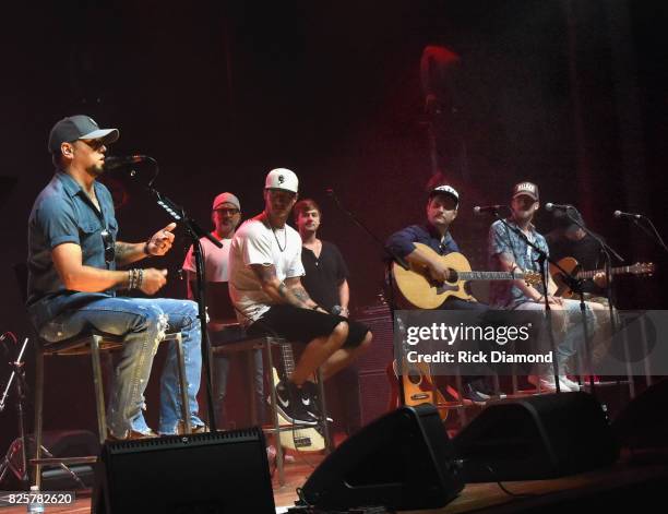 Singer/Songwriters Jason Aldean, Brett Warren, Tyler Hubbard, Jimmy Robbins, Deric Ruttan, Brian Kelley and Brad Warren performs during Jason...