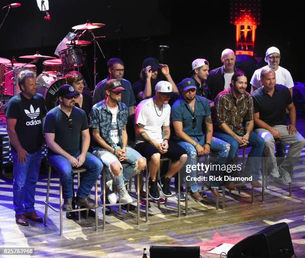 Sitting L/R: Singer/Songwriters - Deric Ruttan, Brian Kelley, Tyler Hubbard, Jason Aldean, Josh Thompson and Producer Michael Knox. Standing L/R:...