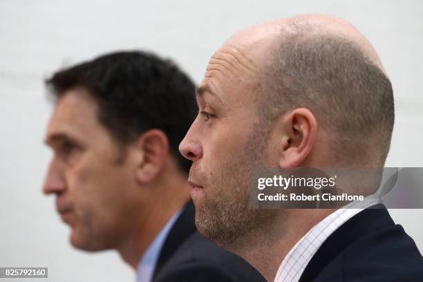 Cricket Australia CEO James Sutherland and Australian Cricketers' Association CEO Alistair Nicholson speak to the media during a press conference at...