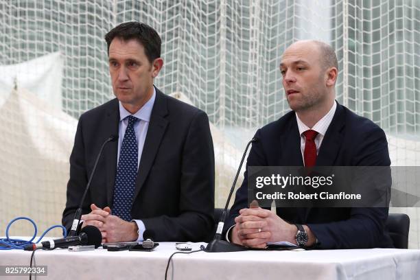 Cricket Australia CEO James Sutherland and Australian Cricketers' Association CEO Alistair Nicholson speak to the media during a press conference at...