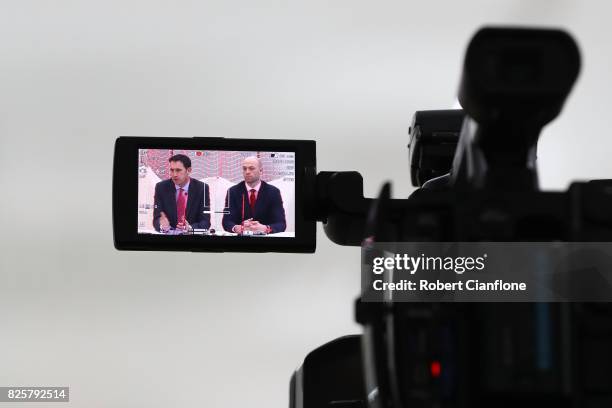 Cricket Australia CEO James Sutherland and Australian Cricketers' Association CEO Alistair Nicholson speak to the media during a press conference at...