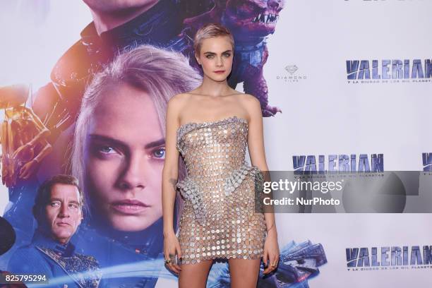 Actress Cara Delevingne is seen poses during the red carpet of Valerian and the City of a Thousand Planets Mexico City film Premiere at Toreo Parque...