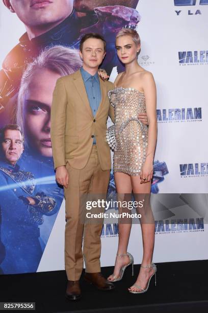 Actor Dane DeHaan and actress Cara Delevingne are seen poses during the red carpet of Valerian and the City of a Thousand Planets Mexico City film...