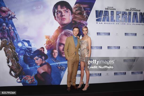 Actor Dane DeHaan and actress Cara Delevingne are seen poses during the red carpet of Valerian and the City of a Thousand Planets Mexico City film...