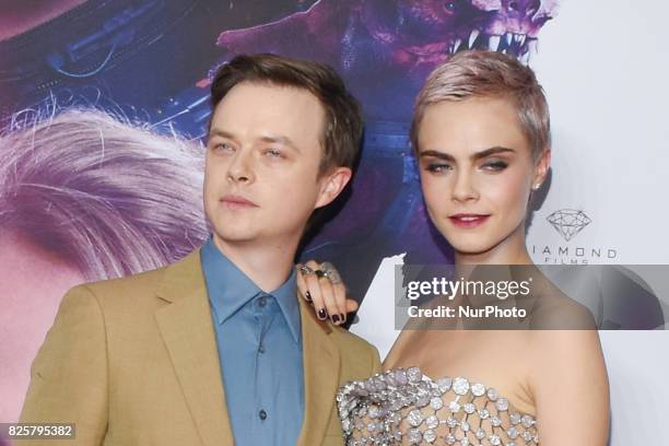 Actor Dane DeHaan and actress Cara Delevingne are seen poses during the red carpet of Valerian and the City of a Thousand Planets Mexico City film...