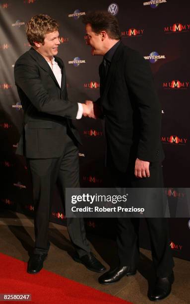 Actors Luke Ford and Brendan Fraser arrive for the premiere of 'The Mummy' at the Hoyts Melbourne Central Cinemas on August 28, 2008 in Melbourne,...