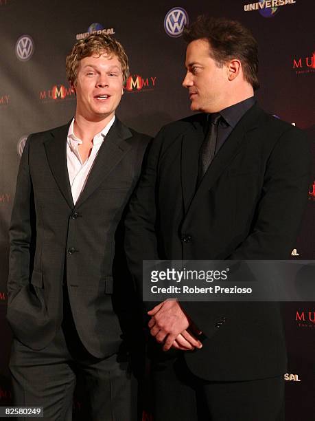 Actors Luke Ford and Brendan Fraser arrive for the premiere of 'The Mummy' at the Hoyts Melbourne Central Cinemas on August 28, 2008 in Melbourne,...