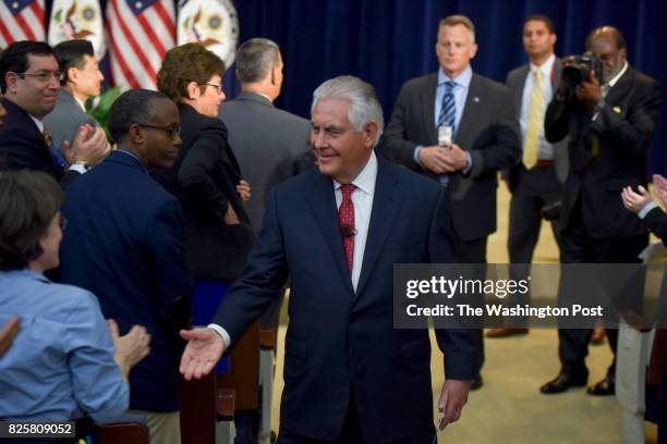 Secretary of State Rex W. Tillerson greets U.S. Department of State employees in the Dean Acheson Auditorium of the Department of State on Wednesday,...