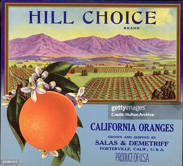 hill choice brand fruit box label - orange california foto e immagini stock