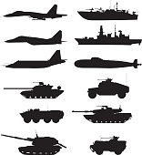 Silhouette of military machines support. Aircraft forces. Army vehicles and warships