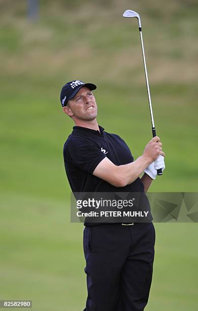 Soren Hansen of Denmark plays his 2nd shot from the 2nd fairway during the first round of The Johnnie Walker Championship at Gleneagles at the...