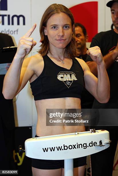 Hagar Shmoulefeld Finer of Israel poses during the official weigh in at the Maritim Hotel on August 28, 2008 in Duesseldorf, Germany. The WBA and...