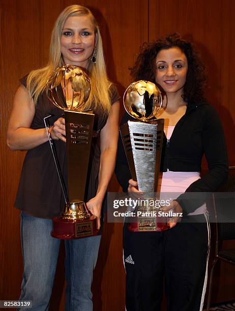 Regina Halmich and Susianna Kentikian of Germany pose during the official weigh in at the Maritim Hotel on August 28, 2008 in Duesseldorf, Germany....