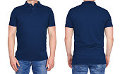 Man in blank dark blue polo shirt from front and rear