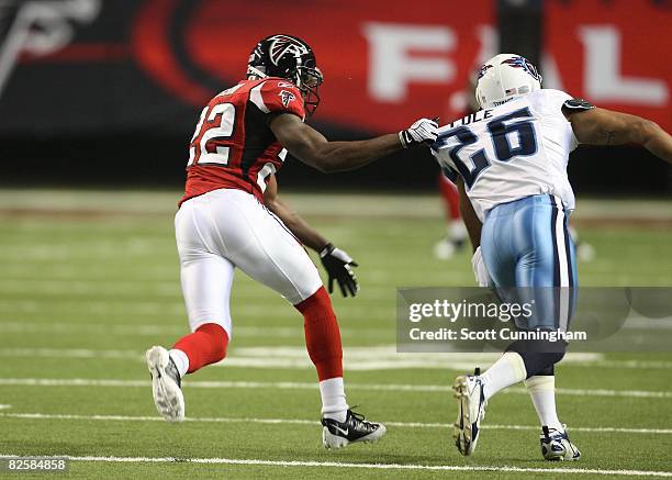 Chevis Jackson of the Atlanta Falcons defends against Marquice Cole of the Tennessee Titans at the Georgia Dome on August 22, 2008 in Atlanta,...