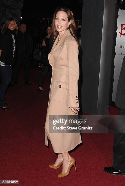 Actress Angelina Jolie arrive at the Los Angeles Premiere of "Beowulf" at Westwood Village on November 5, 2007 in Weswood, California.