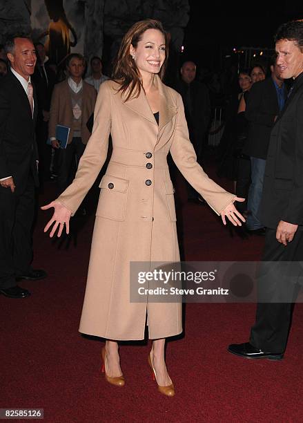 Actress Angelina Jolie arrive at the Los Angeles Premiere of "Beowulf" at Westwood Village on November 5, 2007 in Weswood, California.